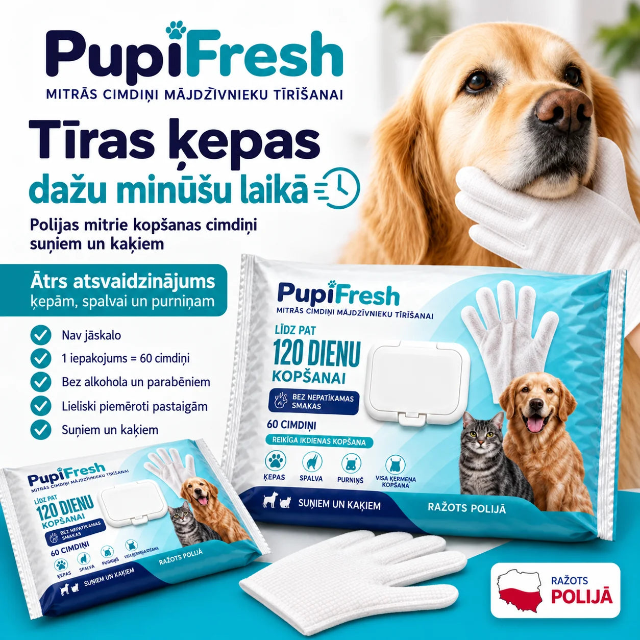 PupiFresh mitrie kopšanas cimdi suņiem un kaķiem