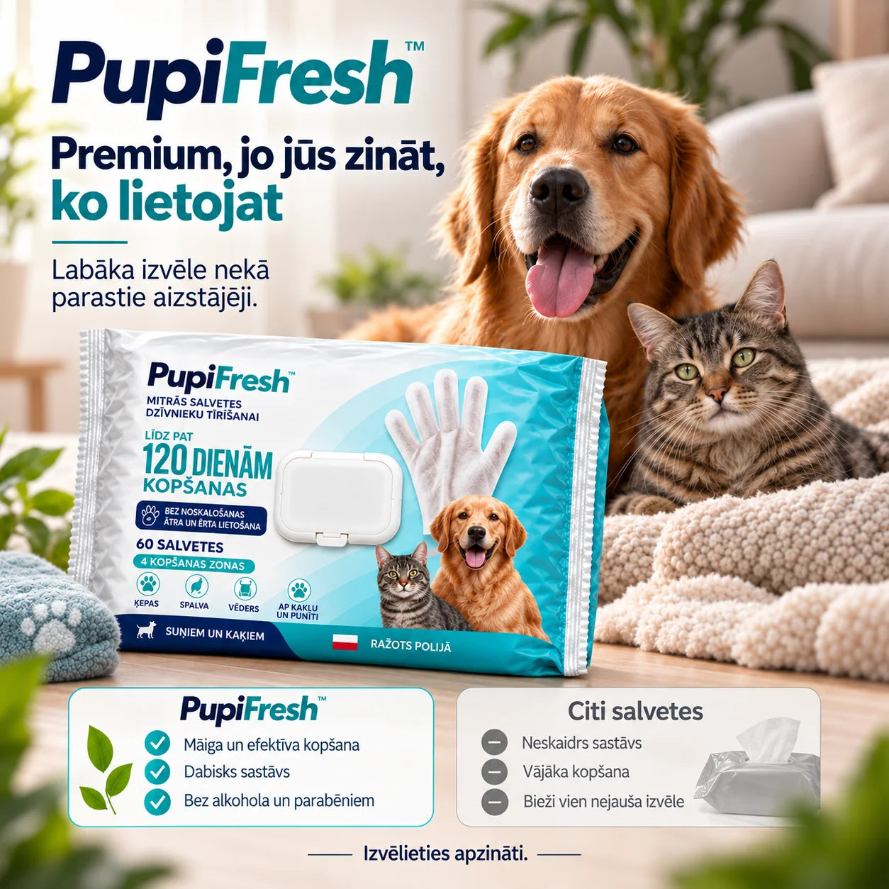 PupiFresh mitrie kopšanas cimdi suņiem un kaķiem